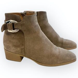Aquatalia Faria Booties Taupe Brown Suede Ankle Boots 8 Buckle Square Toe 395346